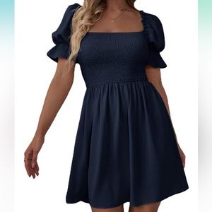 Square Neck Puff Sleeve Navy Dress